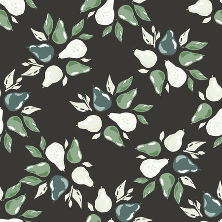White and navy blue pear silhouettes seamless pattern with leaf elements. Brown pale background. Stock illustration. Vector design for textile, fabric, giftwrap, wallpapers.のイラスト素材
