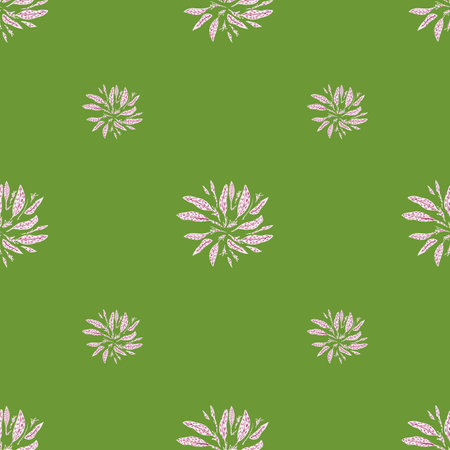 Minimalistic style seamless spring nature pattern with light leaf silhouettes. Green background. Doodle artwork. Graphic design for wrapping paper and fabric textures. Vector Illustration.のイラスト素材