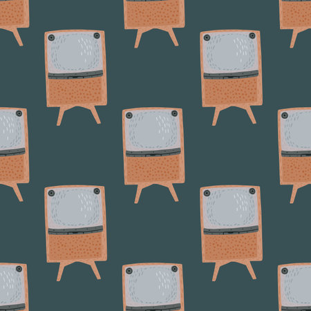 Rettro tv home decor seamless pattern in cartoon style. Navy blue pale background. Vector illustration for seasonal textile prints, fabric, banners, backdrops and wallpapers.のイラスト素材