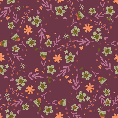 Seamless pattern with random botanic flowers and foliage ornament. Ditsy backdrop with purple background. Graphic design for wrapping paper and fabric textures. Vector Illustration.のイラスト素材