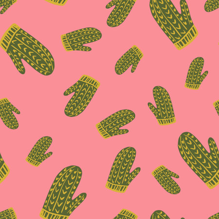 Random abstract christmas accessory seamless pattern with simple mittens shapes. Pink bright background. Graphic design for wrapping paper and fabric textures. Vector Illustration.のイラスト素材