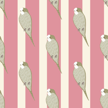 Decorative seamless pattern with grey doodle parrot print. Pink striped background. Pet cute backdrop. Flat vector print for textile, fabric, giftwrap, wallpapers. Endless illustration.のイラスト素材