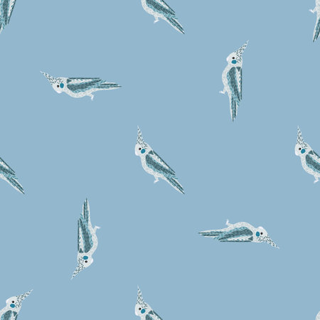 Minimalistic style seamless random pattern with little cockatoo parrot print. Blue background. Vector illustration for seasonal textile prints, fabric, banners, backdrops and wallpapers.のイラスト素材