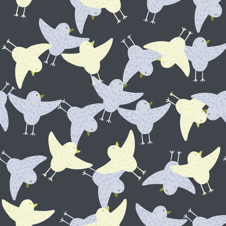 Abstract seamless animal pattern with blue and light yellow birds shapes. Dark grey background. Vector illustration for seasonal textile prints, fabric, banners, backdrops and wallpapers.のイラスト素材