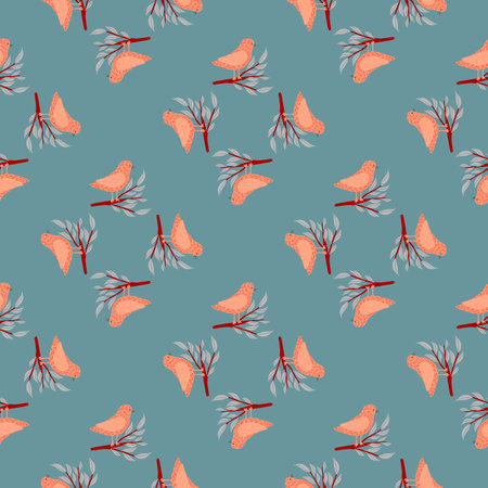 Geometric bird seamless pattern in hand drawn style. Pink flying animals on blue background. Vector illustration for seasonal textile prints, fabric, banners, backdrops and wallpapers.のイラスト素材
