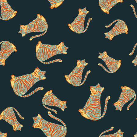 Safari animal seamless pattern with blue and orange colored random tiger print. Dark turquoise background. Stock illustration. Vector design for textile, fabric, giftwrap, wallpapers.のイラスト素材