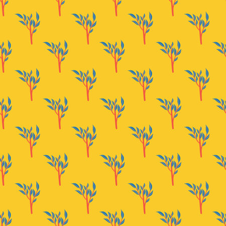 Bright contrast seamless pattern with blue colored leaf branches shapes. Yellow background. Doodle print. Stock illustration. Vector design for textile, fabric, giftwrap, wallpapers.のイラスト素材