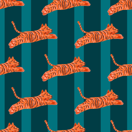Decorative hand drawn orange ttiger elements seamless pattern. Navy blue striped background. Flat vector print for textile, fabric, giftwrap, wallpapers. Endless illustration.のイラスト素材