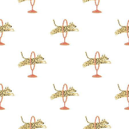 Seamless isolated pattern with circus tiger jumping across ring. White background. Zoo funny print. Vector illustration for seasonal textile prints, fabric, banners, backdrops and wallpapers.のイラスト素材