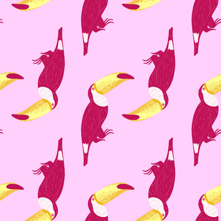 Hand drawn bright pink toucan shapes seamless pattern. Light pink background. Simple exotic print. Flat vector print for textile, fabric, giftwrap, wallpapers. Endless illustration.のイラスト素材