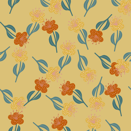 Hand drawn nature seamless pattern with orange random flower silhouettes. Blue stems. Pale background. Stock illustration. Vector design for textile, fabric, giftwrap, wallpapers.のイラスト素材