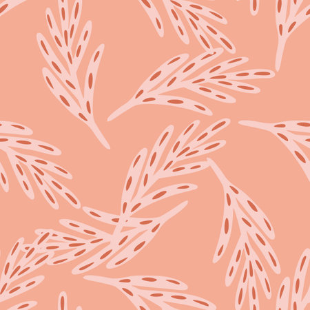 Seamless random abstract print with doodle leaf branches ornament. Pink background. Hand drawn ornament. Flat vector print for textile, fabric, giftwrap, wallpapers. Endless illustration.のイラスト素材
