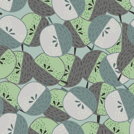 Doodle cartoon seamless pattern with pastel blue and green colored apple ornament. Random fruit print. Stock illustration. Vector design for textile, fabric, giftwrap, wallpapers.のイラスト素材