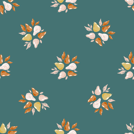 Cartoon harvest seamless pattern with organic doodle pear silhouettes. Turquoise background. Pastel tones. Stock illustration.のイラスト素材