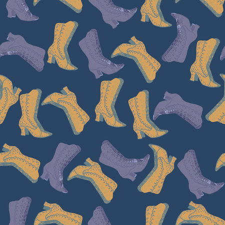 Hand drawn beige and purple women boots with heel seamless pattern. Navy blue background. Random print. Stock illustration.のイラスト素材