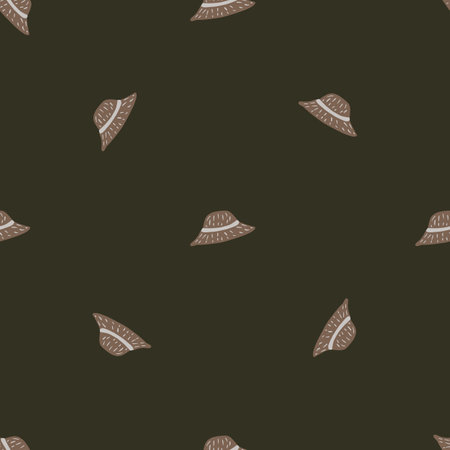 Dark headdress seamless pattern with hand drawn panama hat ornament. Brown background.  Vector Illustration.のイラスト素材
