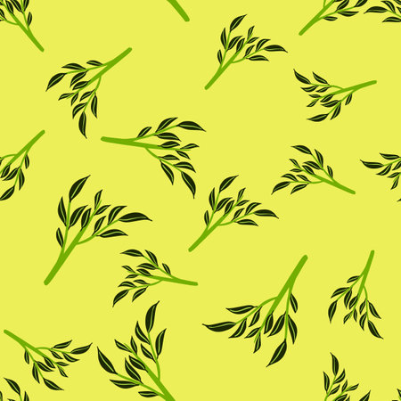Random botanic seamless pattern with hand drawn green colored branches ornament. Yellow background. Stock illustration.のイラスト素材