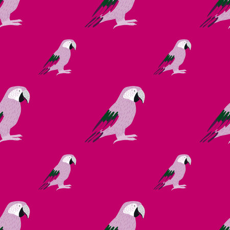 Doodle seamless pattern with hand drawn lilac ara parrot print. Pink bright background. Jungle print. Stock illustration.のイラスト素材