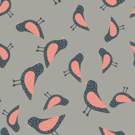 Random seamless pattern with pink colored birds elements print. Grey background. Simple design.のイラスト素材