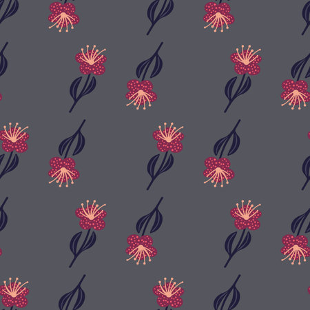 Dark seamless pattern with pink flower ornament. Grey background. Nature botanic backdrop. Stock illustration.のイラスト素材