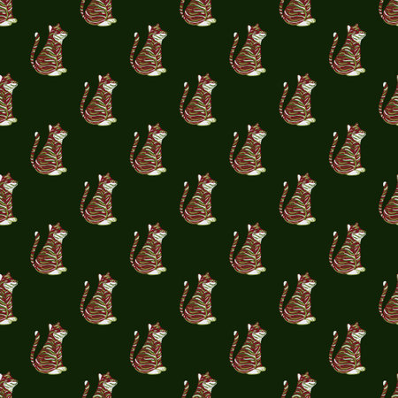 Dark animal exotic seamless pattern with doodle brown tiger print. Green background. Zoo backdrop. Stock illustration.のイラスト素材