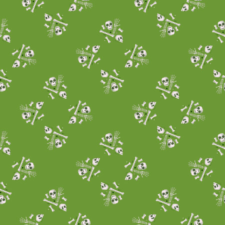 White skull and bones ornament seamless halloween pattern. Horror backdrop with green background. Stock illustration.のイラスト素材