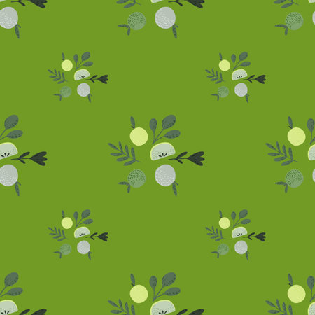 Seamless food minimalistic pattern with apple fruit print and leaves silhouettes. Green background. Stock illustration.のイラスト素材