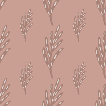 Minimalistic pale seamless pattern in pink tones with leaves silhouettes. Foliage abstract doodle backdrop.  Endless illustration.のイラスト素材