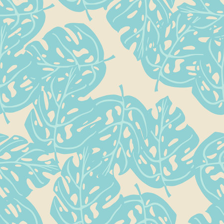 Tropical seamless doodle pattern with blue colored monstera shapes ornament. Random foliage print.のイラスト素材