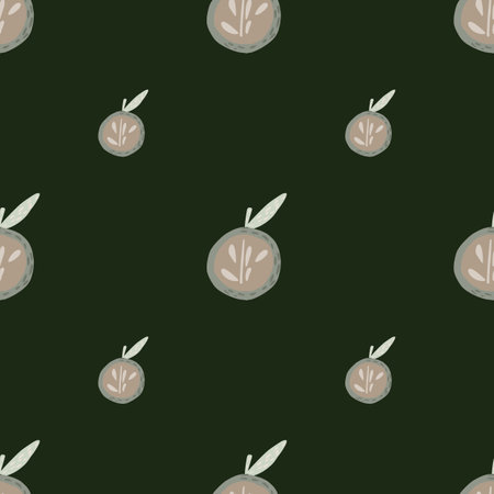 Minimalistic seamless pattern with doodle grey apple ornament. Dark green olive background. Stock illustration.のイラスト素材