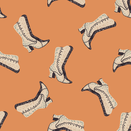 Light grey hand drawn women shoes ornament seamless pattern. Orange pastel background. Style artwork. Stock illustration.のイラスト素材