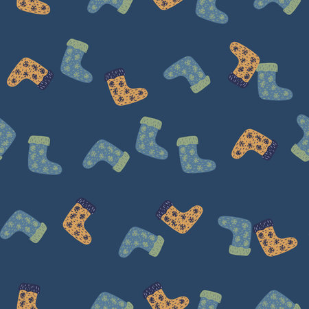 New year seamless pattern with simple cartoon funny socks ornament. Navy blue background. Beige elements.のイラスト素材