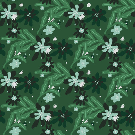 Botanic seamless pattern with creative foliage ornament and simple flower silhouettes. Green background. Endless illustration.のイラスト素材