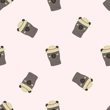 Minimalistic style seamless pattern with grey colored bear in hats ornament. Light background. Animal print.  Endless illustration.のイラスト素材