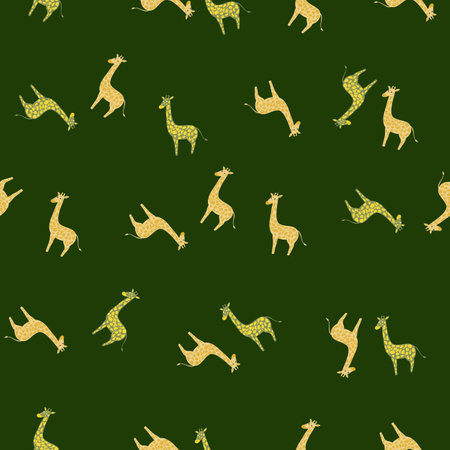 Safari seamless pattern with baby giraffe ornament. Green background. Zoo hand drawn backdrop. Graphic design for wrapping paper and fabric textures. Vector Illustration.のイラスト素材