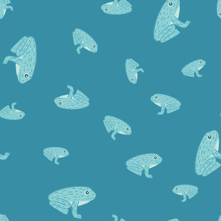 Seamless random pattern with doodle kids frog ornament print. Blue colored animal aquatic artwork. Stock illustration. Vector design for textile, fabric, giftwrap, wallpapers.のイラスト素材