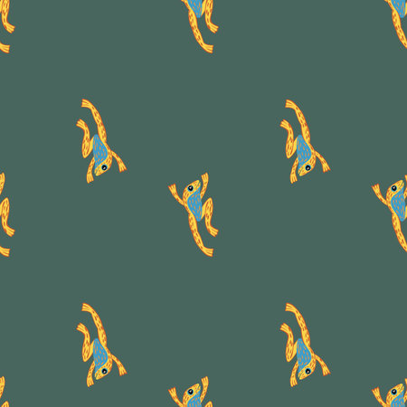 Marine animal seamless pattern with orange bright frog shapes. Pale turquoise background. Happy print. Stock illustration.のイラスト素材