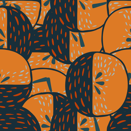 Abstract seamless pattern with orange and navy blue dashed nature apples print. Fresh fruit artwork. Stock illustration.のイラスト素材