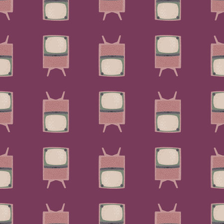 Pink colored tv ornament in cartoon style seamless pattern. Purple background. Hand drawn retro style. Vector illustration for seasonal textile prints, fabric, banners, backdrops and wallpapers.のイラスト素材