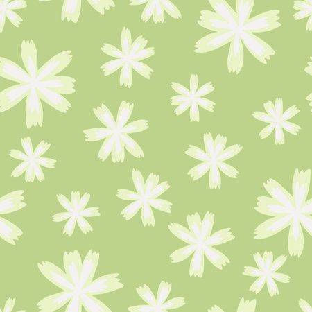 Random simple doodle flowers seamless pattern. Hand drawn ornament. Green pastel background. Flat vector print for textile, fabric, giftwrap, wallpapers. Endless illustration.のイラスト素材
