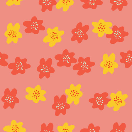 Summer cartoon seamless pattern with childish flowers elements. Pink background. Yellow elements. Stock illustration. Vector design for textile, fabric, giftwrap, wallpapers.のイラスト素材