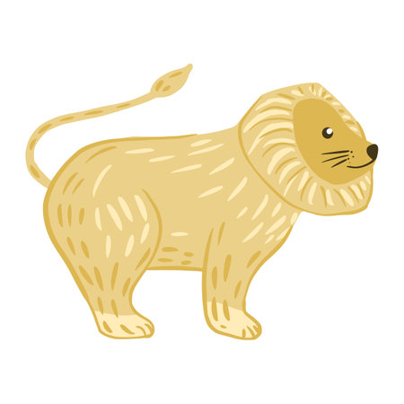 Lion stand isolated on white background. Circus character from safari with mane. Doodle vector illustration.のイラスト素材