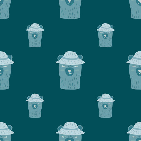 Zoo seamless pattern with bear character in hats doodle print. Navy blue pastel background. Kids artwork. Flat vector print for textile, fabric, giftwrap, wallpapers. Endless illustration.のイラスト素材