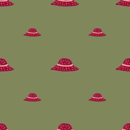 Pink summer headdress seamless pattern with simple panamas silhouettes. Olive green background. Graphic design for wrapping paper and fabric textures. Vector Illustration.のイラスト素材