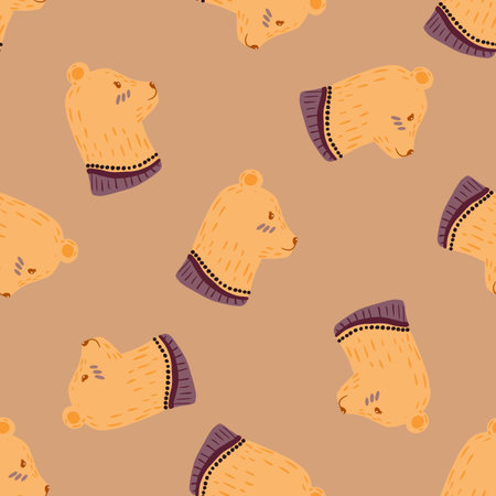 Seamless random pattern with hand drawn polar bear hear silhouettes. Beige palette artwork. Childish print. Flat vector print for textile, fabric, giftwrap, wallpapers. Endless illustration.のイラスト素材
