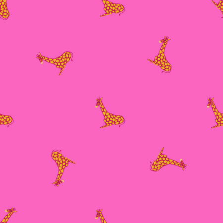 Bright random seamless pattern with orange colored giraffe shapes. Pink background. Doodle design. Vector illustration for seasonal textile prints, fabric, banners, backdrops and wallpapers.のイラスト素材