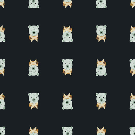 Dark animal seamless kid pattern with doodle bear heads ornament. Black background. Blue animal print. Vector illustration for seasonal textile prints, fabric, banners, backdrops and wallpapers.のイラスト素材
