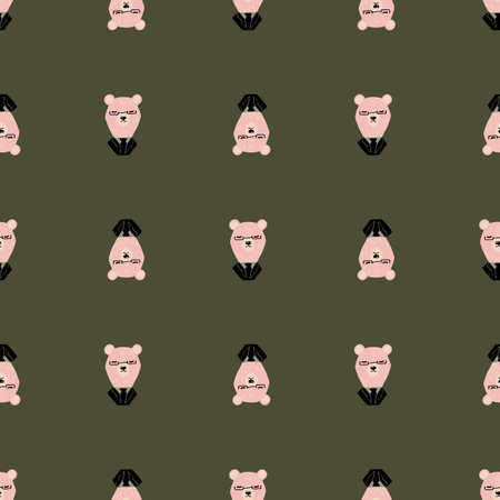 Hand drawn cartoon seamless pattern with creative bear in tuxedo silhouettes. Green olive background. Flat vector print for textile, fabric, giftwrap, wallpapers. Endless illustration.のイラスト素材