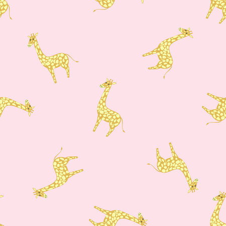 Decorative seamless pattern with yellow giraffe print. Pastel pink background. Random animal backdrop. Graphic design for wrapping paper and fabric textures. Vector Illustration.のイラスト素材