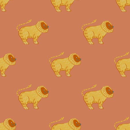 Africa seamless pattern with beige lions ornament. Kids backdrop in doodle style with pink pale background. Graphic design for wrapping paper and fabric textures. Vector Illustration.のイラスト素材